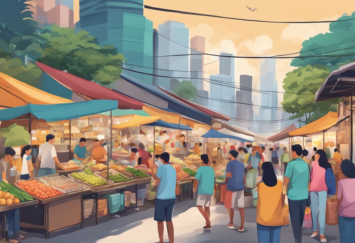 A bustling Singapore street market with colorful food stalls and curious customers browsing for their favorite local dishes