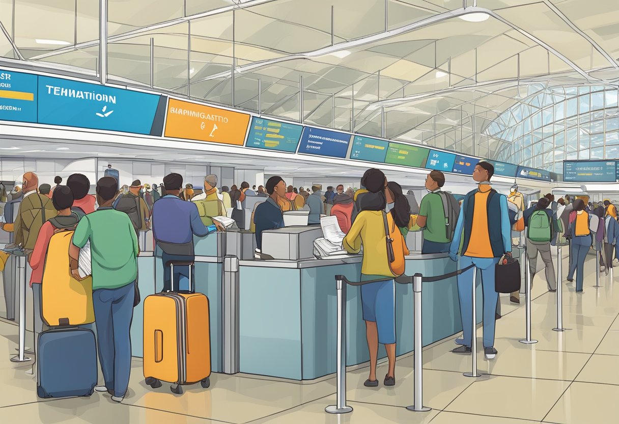 A bustling airport terminal with diverse travelers, passport control, and immigration officers processing documents. Signs in multiple languages indicate different immigration queues