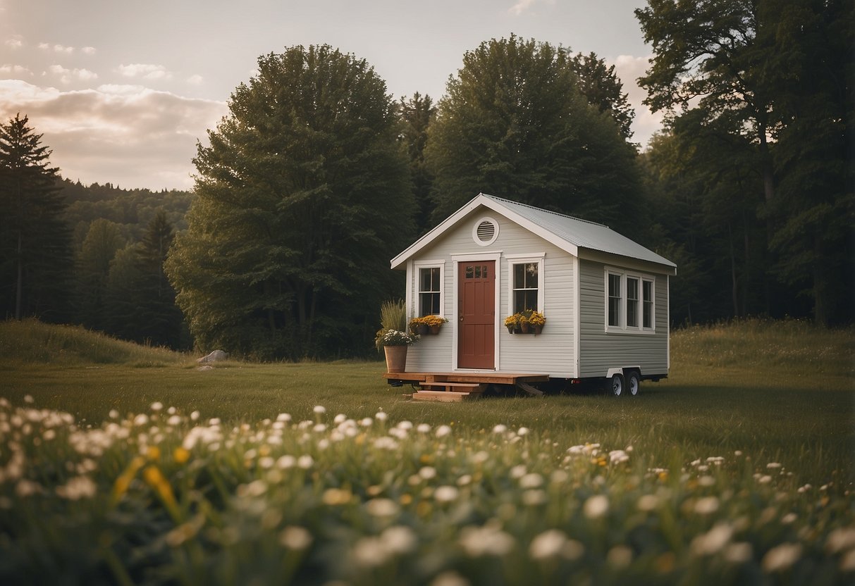 A small house surrounded by Wisconsin scenery, with a sign reading "Frequently Asked Questions: Are Tiny Houses Legal in Wisconsin?"
