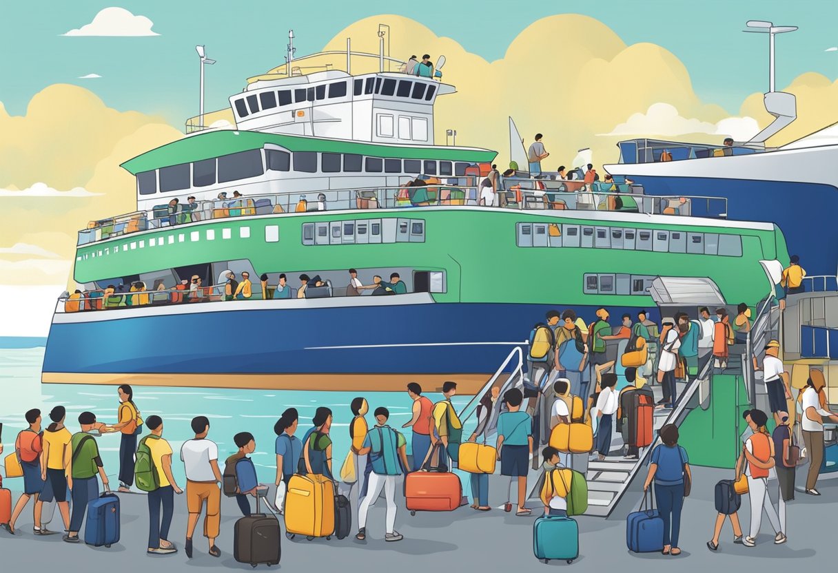 Passengers boarding ferry from Singapore to Langkawi. Luggage being loaded onto the boat. Clear signage for "Frequently Asked Questions" visible