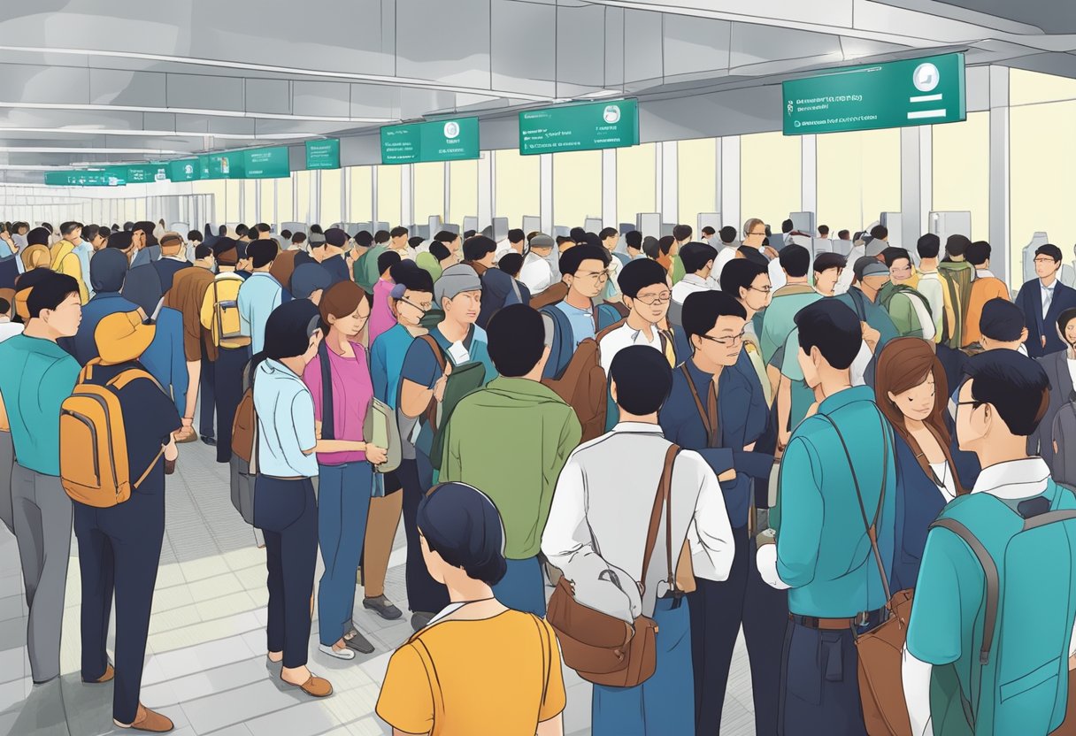 Passengers queue at Singapore immigration, presenting passports and undergoing security checks before proceeding to transit area