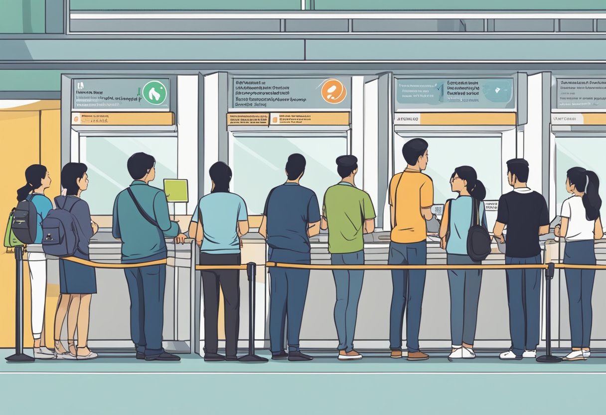 People lining up at an immigration counter in Singapore, with signs displaying "Frequently Asked Questions" in multiple languages