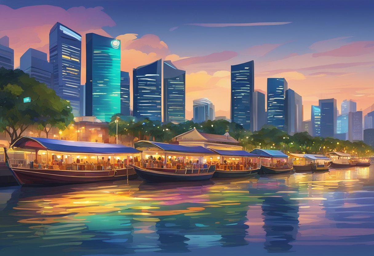 The sun sets over the bustling Boat Quay in Singapore, with colorful boats lining the river and vibrant lights reflecting on the water