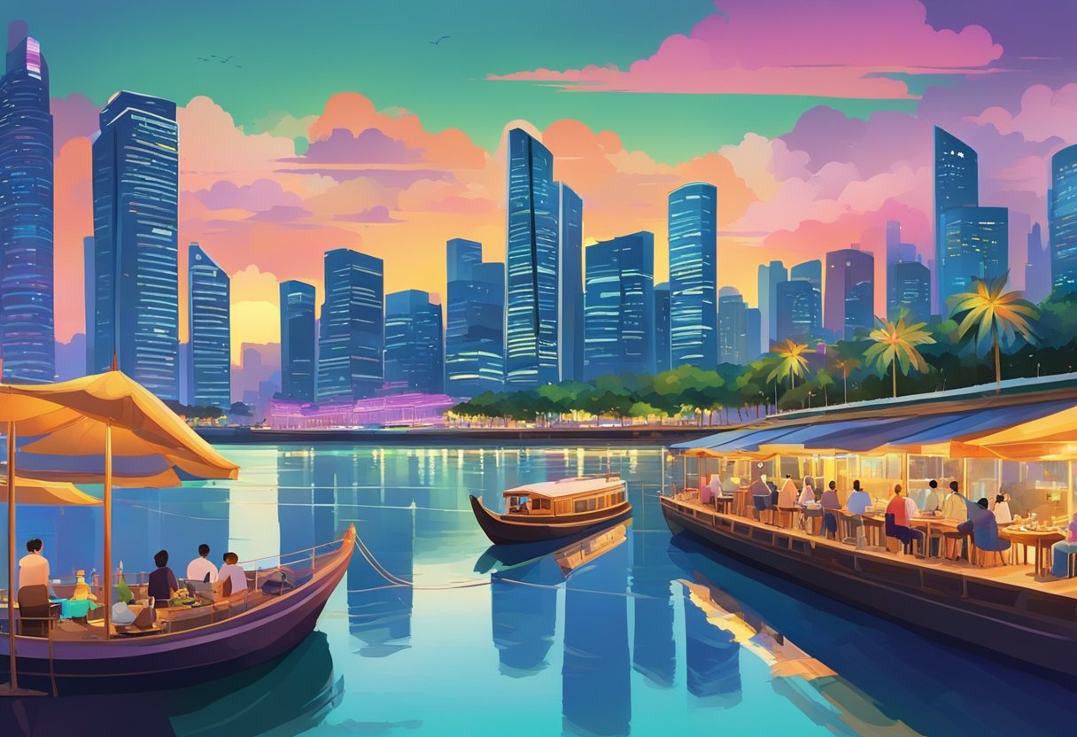 Colorful boats line the quay, as people dine and stroll along the water. The skyline glows in the background, showcasing the vibrant city of Singapore