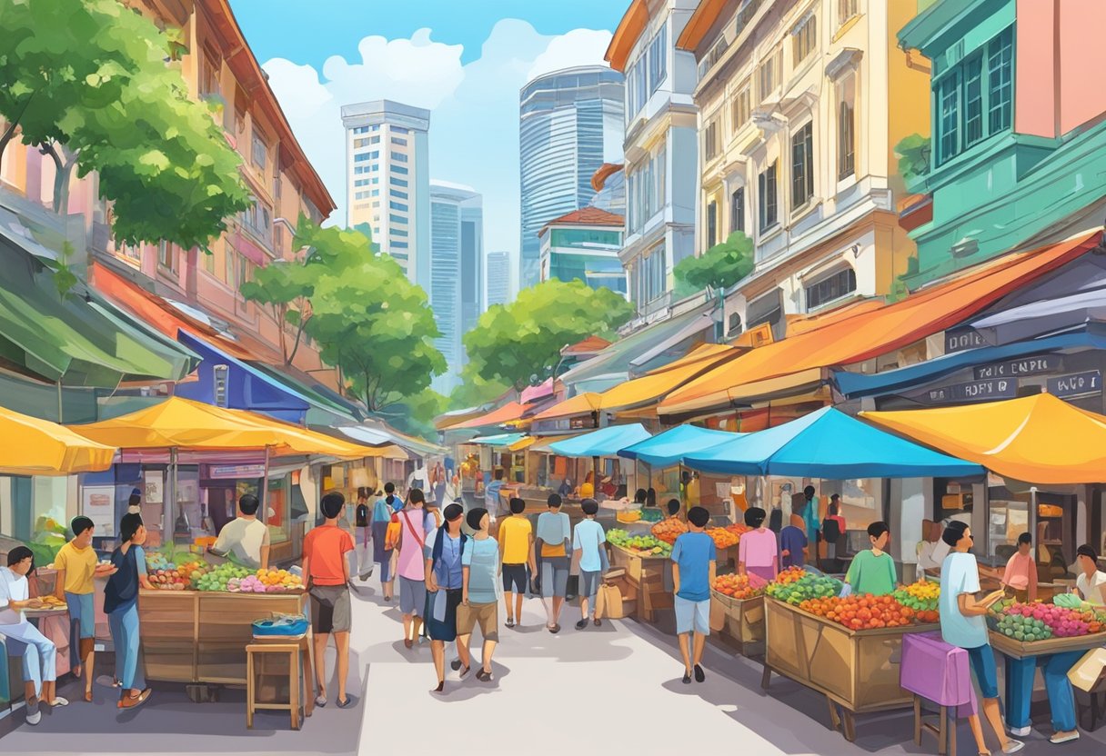A bustling boat quay in Singapore, with colorful boats lining the water, people strolling along the promenade, and vibrant signs advertising various businesses