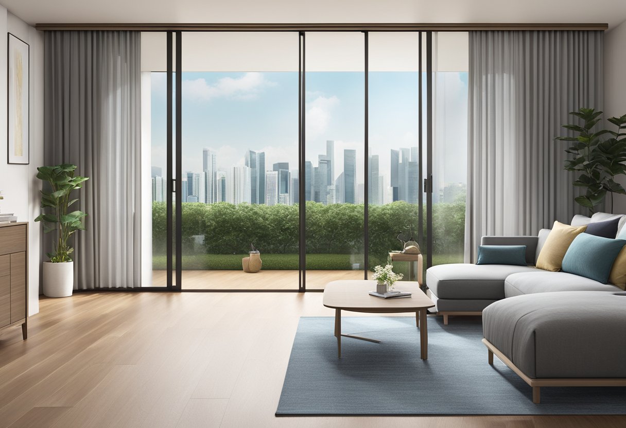 A modern sliding door in a sleek Singaporean home, with clean lines and a minimalist design, leading out to a lush garden or city skyline