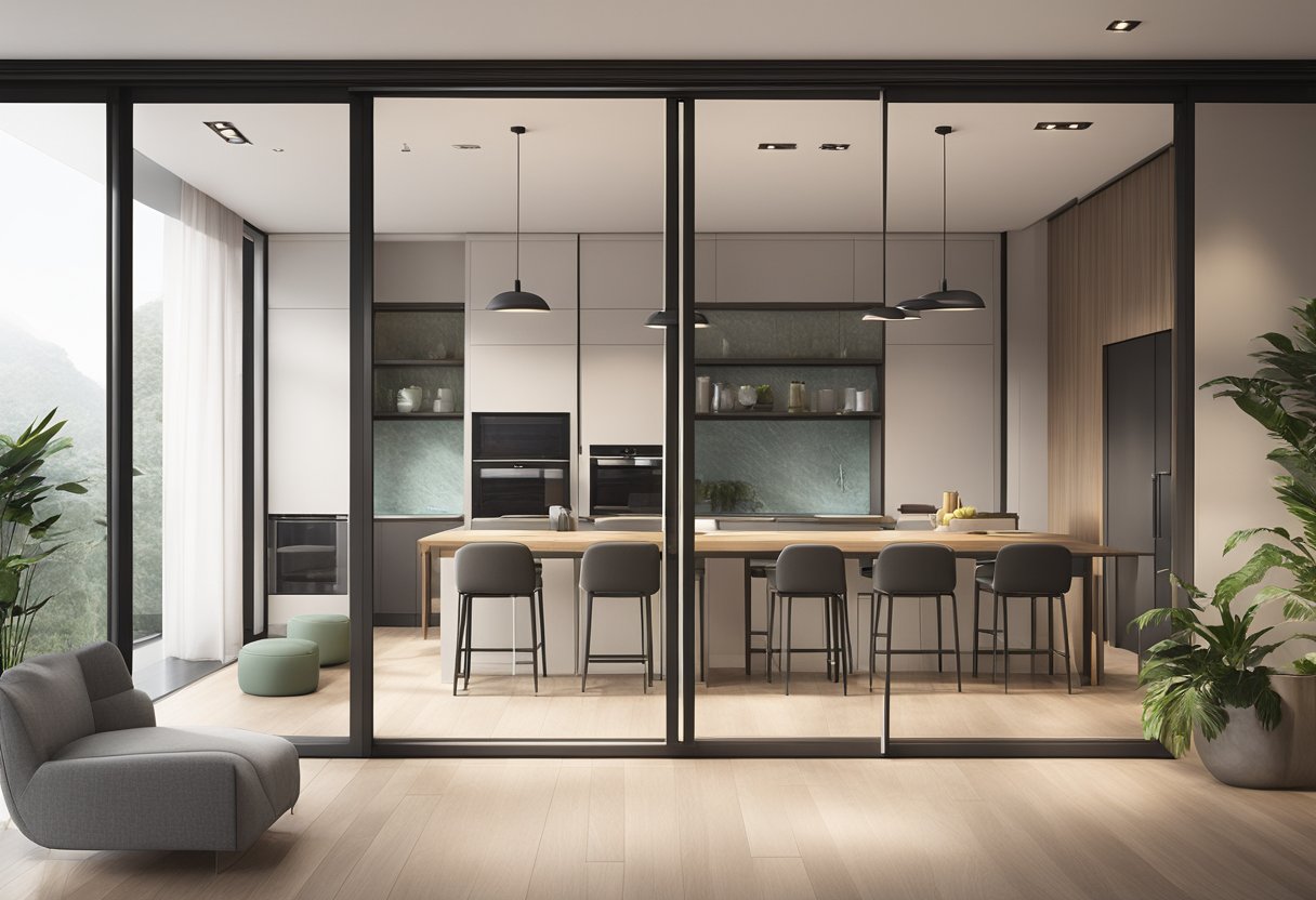 A modern interior with various sliding door options displayed in a showroom in Singapore. Bright lighting and clean, minimalist design