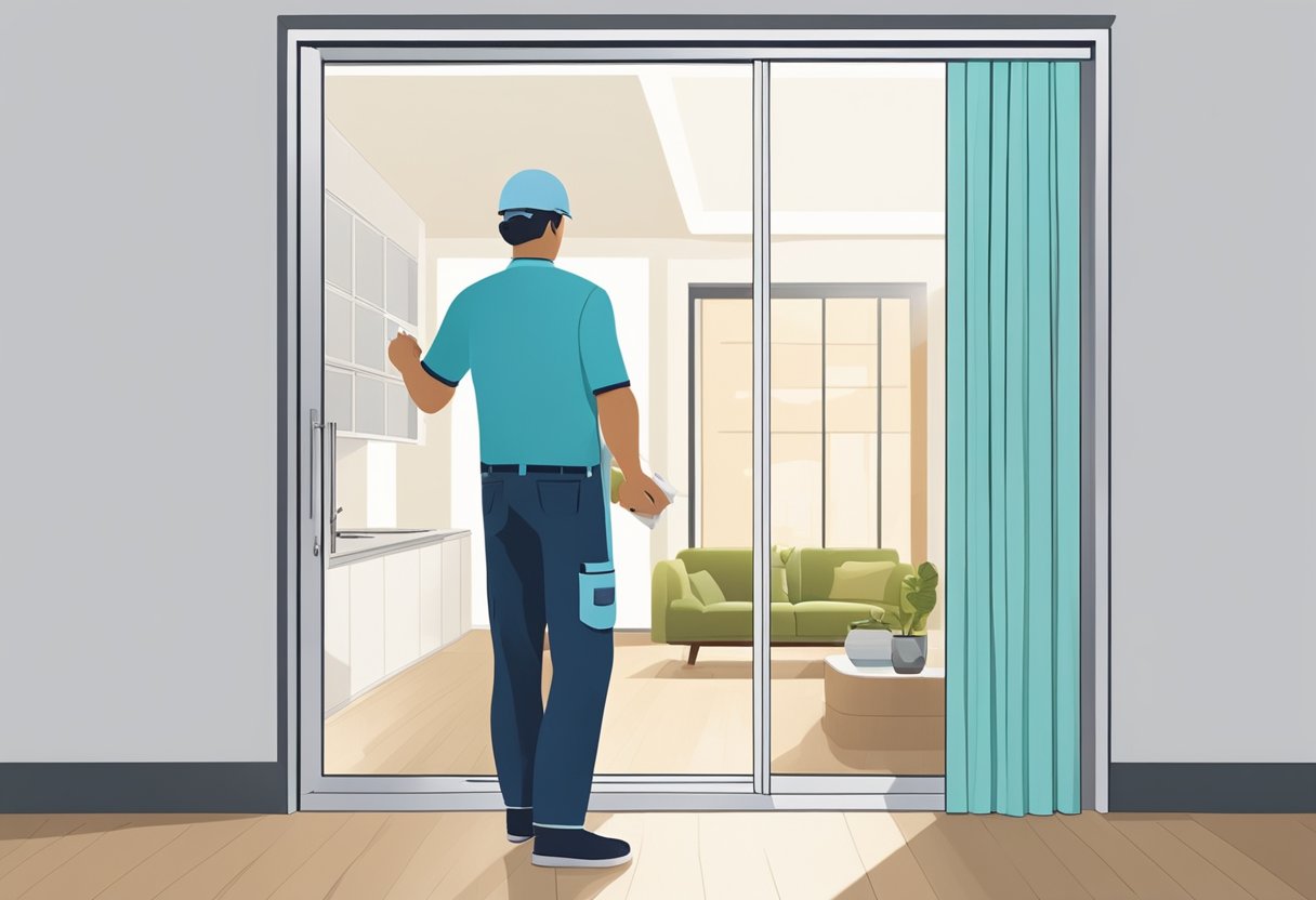 A technician installs a sliding door in a sleek Singaporean home