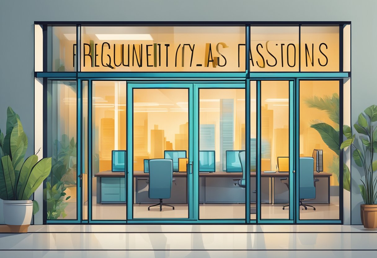 A sliding glass door with "Frequently Asked Questions" written on it in bold lettering, set against a modern office backdrop
