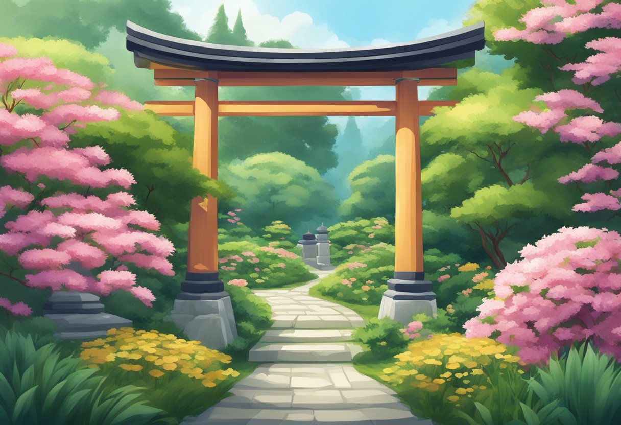 A serene garden with a traditional Japanese gate, surrounded by lush greenery and vibrant flowers