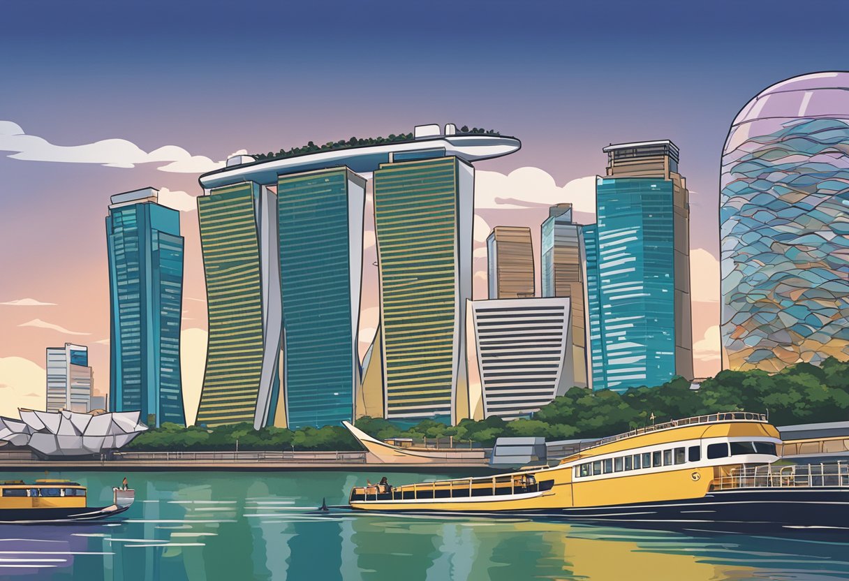 A bustling Singapore skyline with the iconic Marina Bay Sands in the background, as a film poster for "Suzume no Tojimari" is displayed on a large billboard