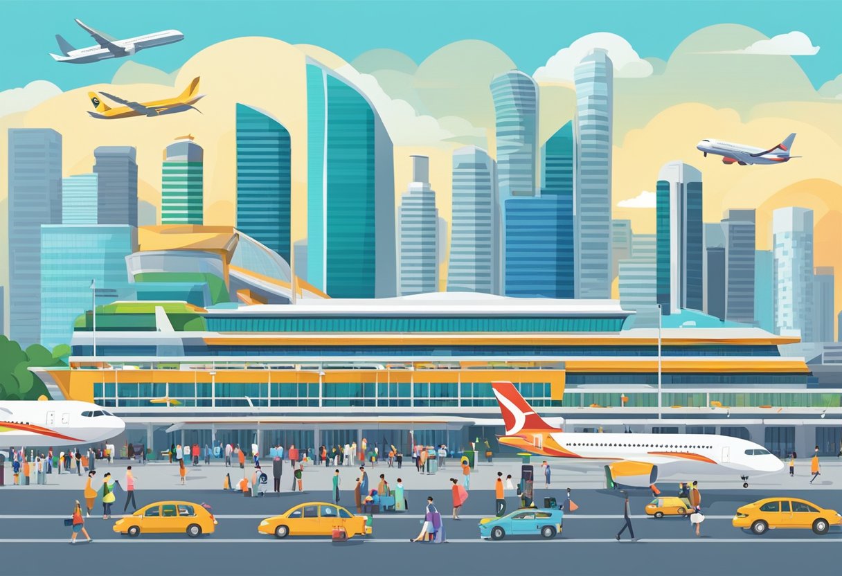 A bustling airport terminal in Singapore, with rows of colorful planes and busy passengers. The iconic architecture of the terminal stands out against the backdrop of the city skyline