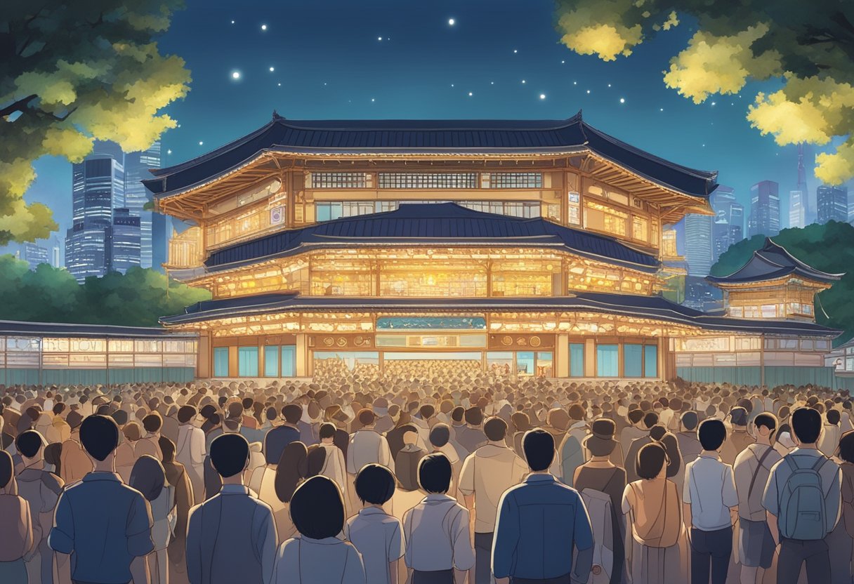 A bustling theater with a marquee reading "Suzume no Tojimari" in Singapore, surrounded by eager audiences and glowing reviews