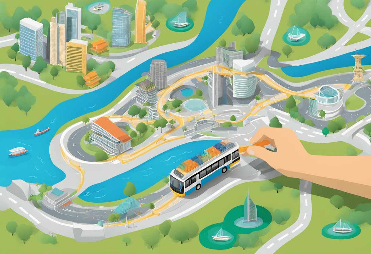 A hand holding a Singapore bus map, with landmarks and routes clearly marked
