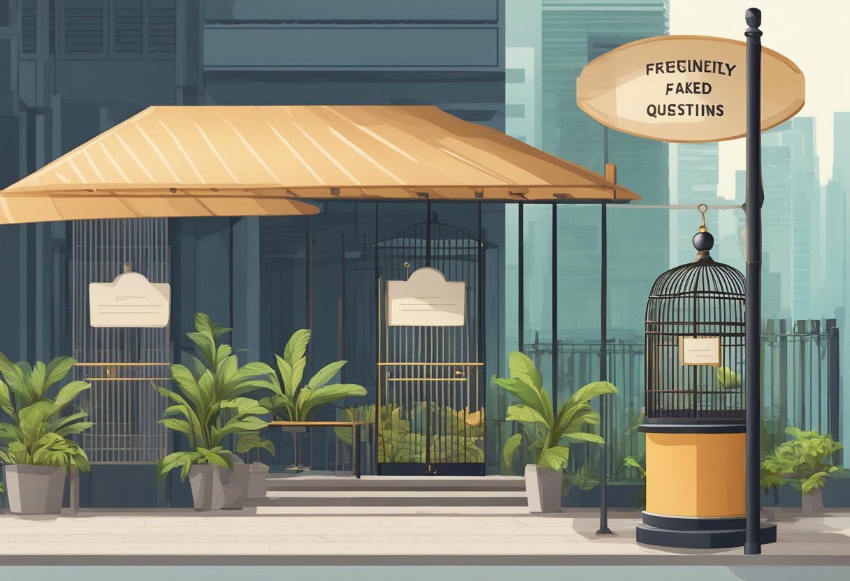 A signboard with "Frequently Asked Questions" and a closed birdcage in a Singapore setting