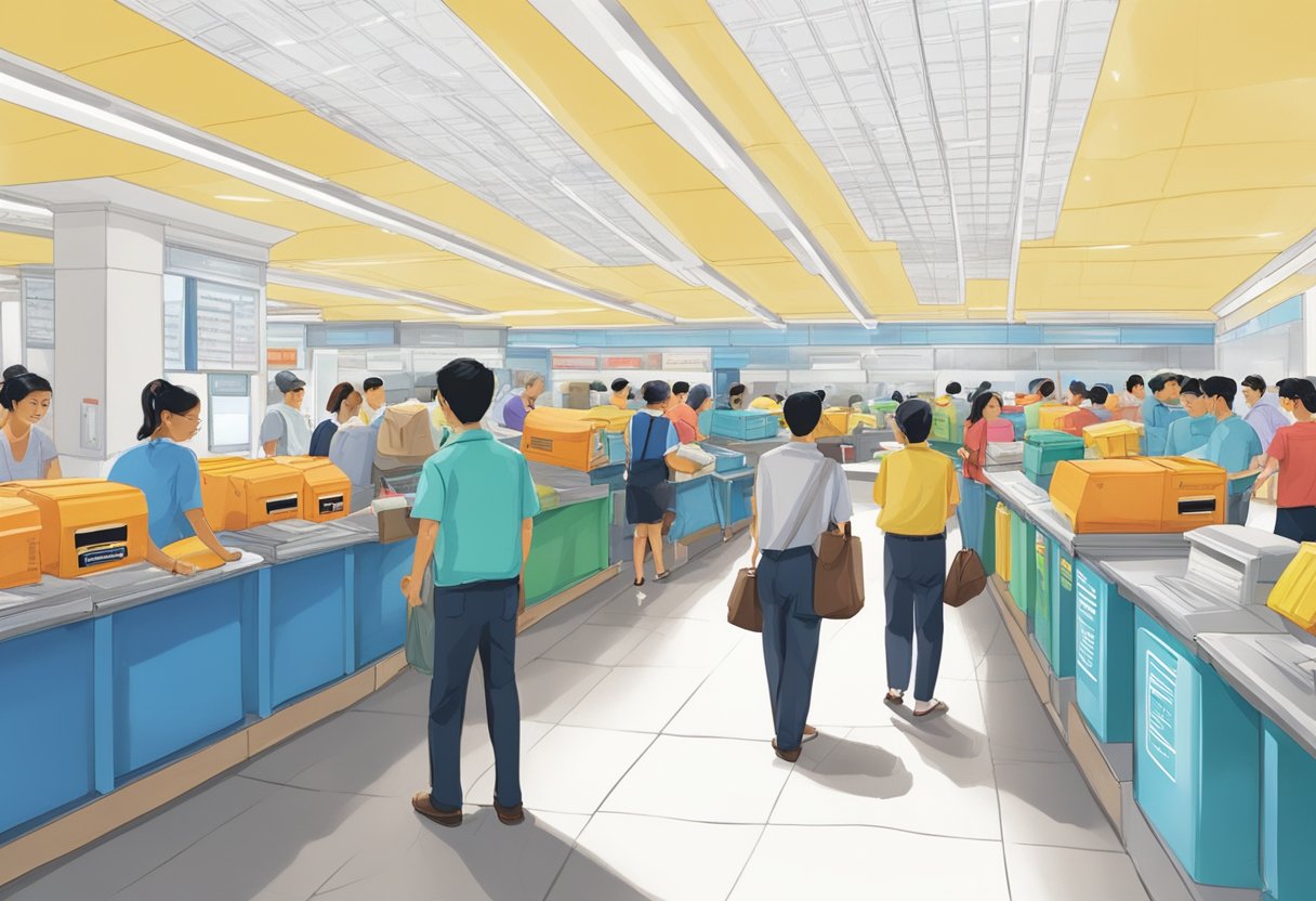 The Singapore post office bustles with people mailing packages and letters. Brightly colored mailboxes line the walls, and a long counter stretches across the room for customers to send their parcels