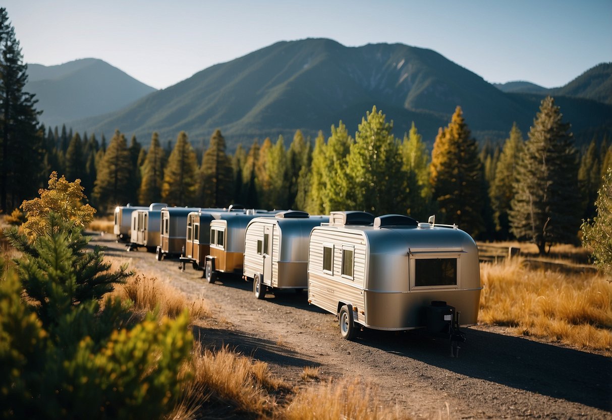 A row of tiny houses on wheels parked in a campground, with trees and mountains in the background