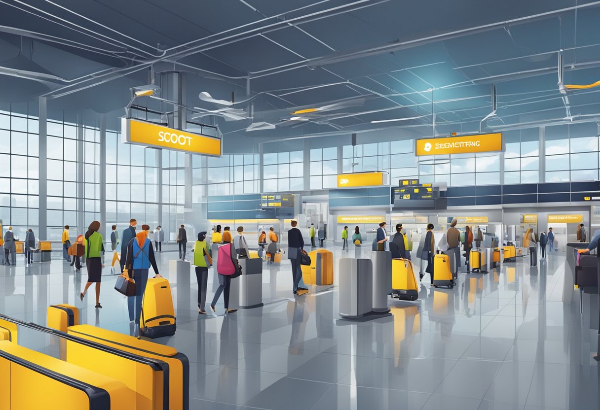 Passengers walking through modern Scoot terminal, with sleek check-in counters and vibrant signage. Aircrafts parked outside, loading cargo and passengers