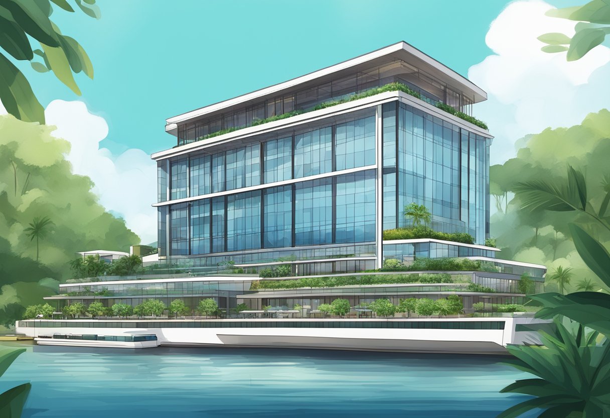 The Quay Hotel Singapore: A modern building with sleek lines and glass windows, surrounded by lush greenery and overlooking a serene waterfront
