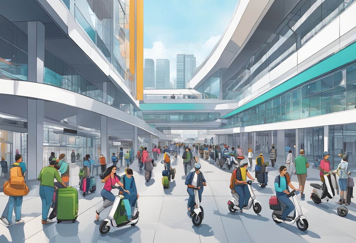 A bustling terminal with people boarding scooters, surrounded by modern architecture and technology