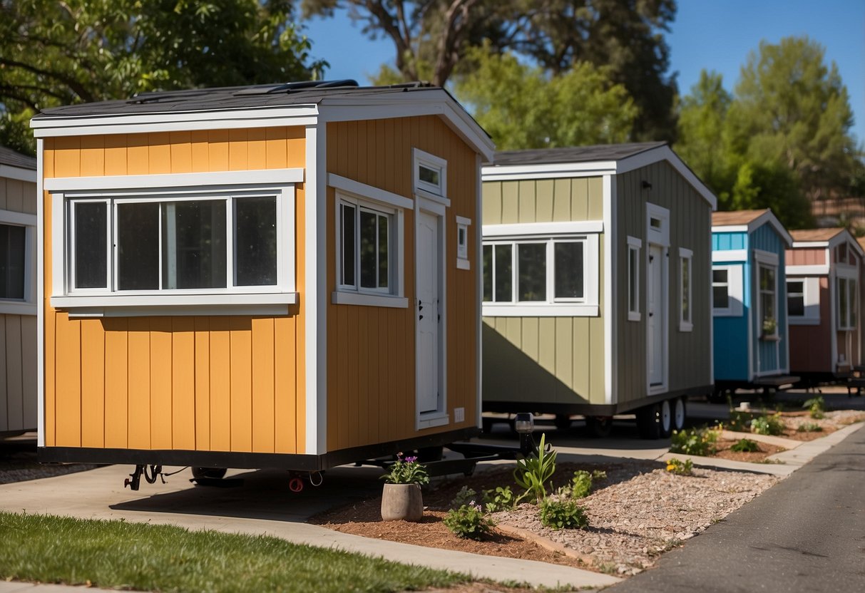 Tiny houses on wheels parked in a residential neighborhood. Signs display "Legal Classification and Zoning Laws" and "RVs." City officials discuss the classification