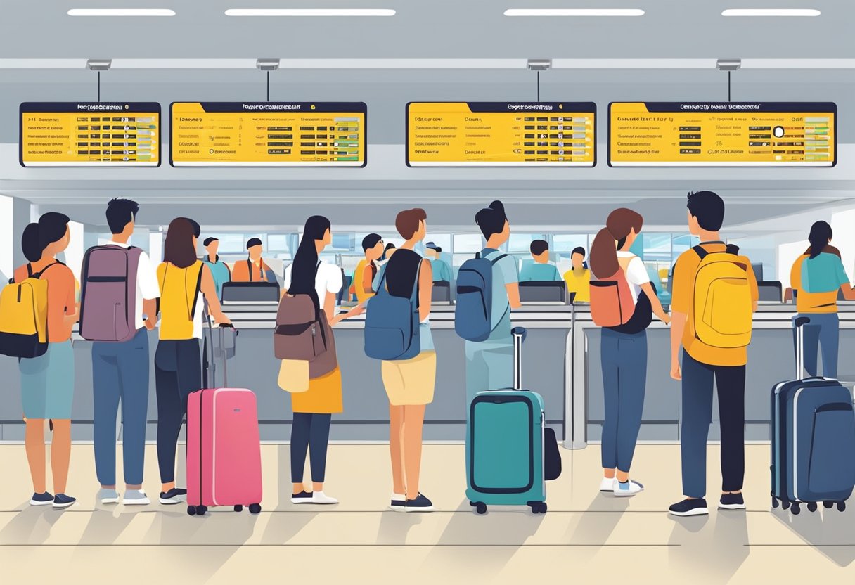 Passengers line up at the Scoot terminal in Singapore, checking in and consulting the Frequently Asked Questions board. Baggage and departure screens are visible