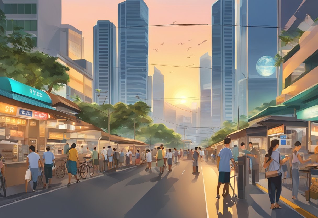 A bustling Singapore street transforms into a serene Malaysian landscape as the sun sets, with currency exchange signs in the background