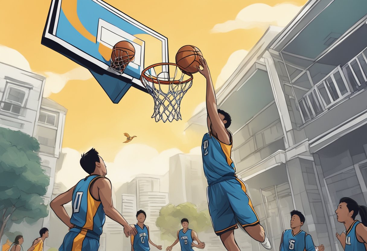 A basketball soaring through the air towards a hoop in a Singaporean movie scene