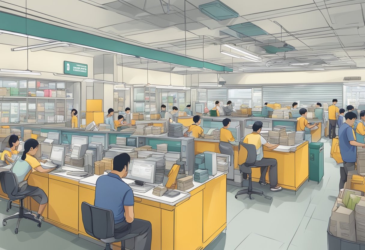 A bustling Singapore Post office with customers at counters, staff sorting mail, and delivery vehicles outside