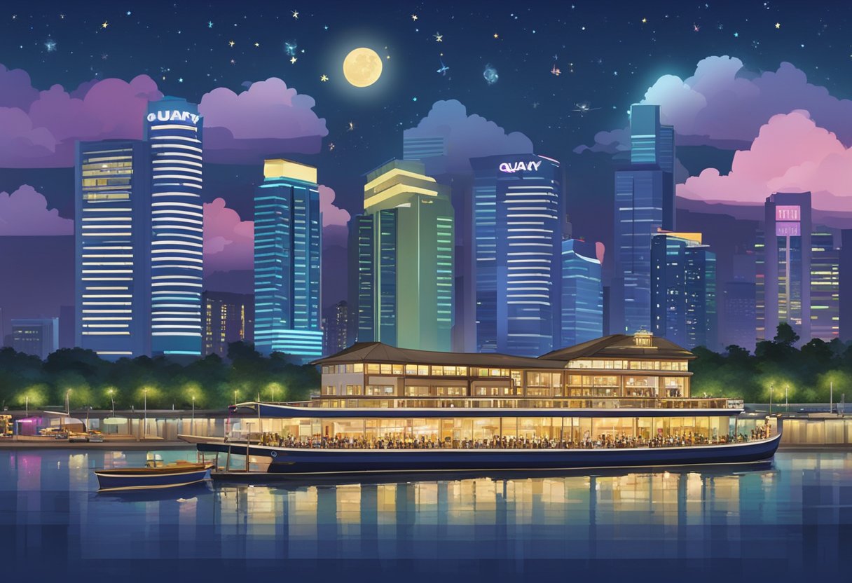 The Quay Hotel in Singapore bustles with guests, as boats dock at the nearby pier. The hotel's sign glows brightly against the night sky, and the city's skyline twinkles in the background