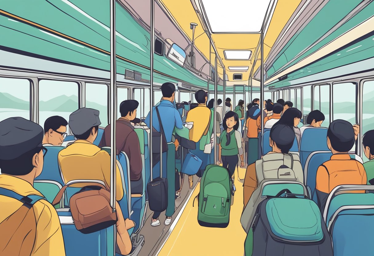 Passengers researching, booking, and boarding a bus for a journey from Singapore to Malaysia