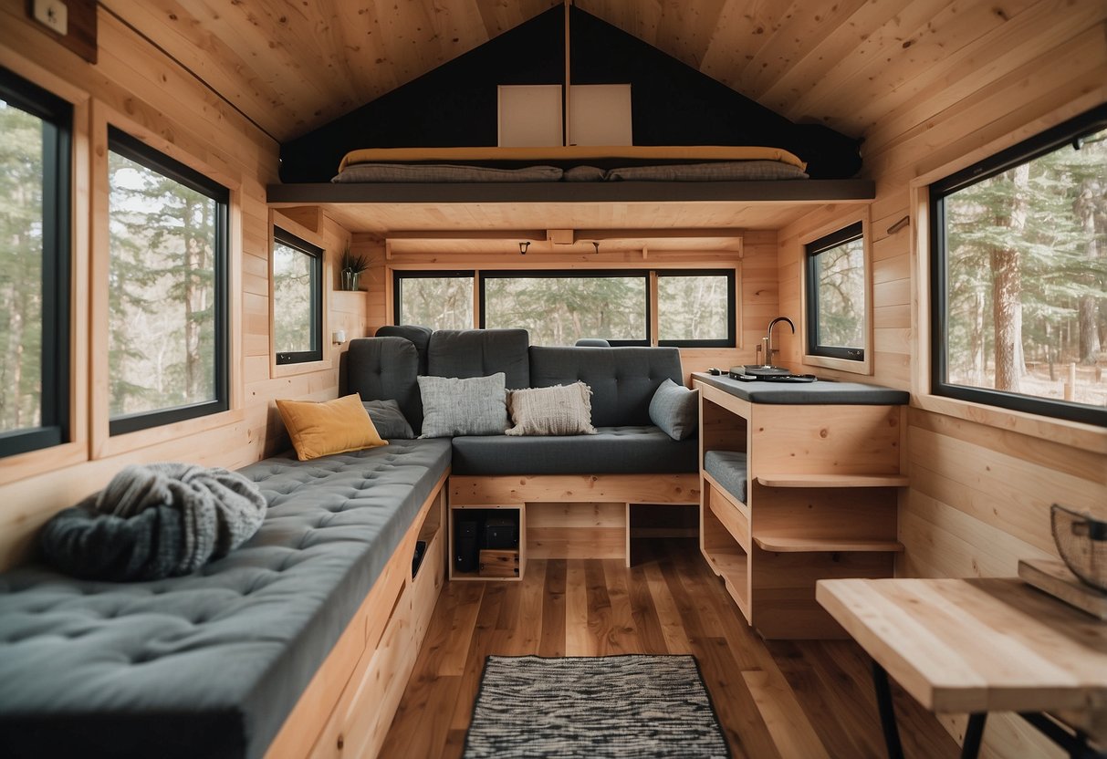 A tiny house on wheels is being built with a modern design. It is parked in a serene natural setting, with a hammock and outdoor seating, representing a minimalist and sustainable lifestyle