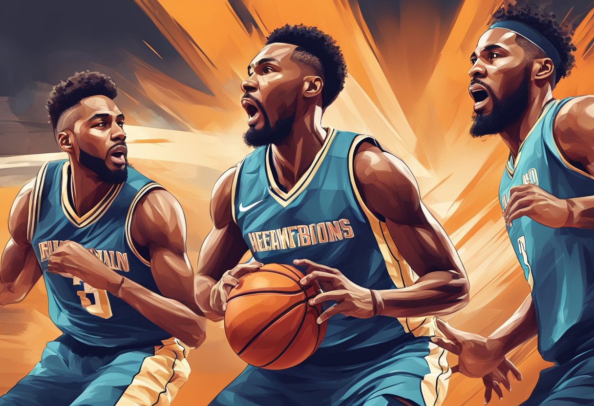 A group of basketball players in a heated game, with intense expressions and dynamic movements on the court
