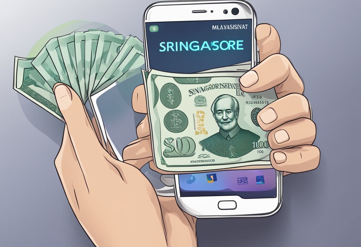 A hand holding a smartphone with a currency converter app open, displaying the conversion from Singapore dollars to Malaysian ringgit