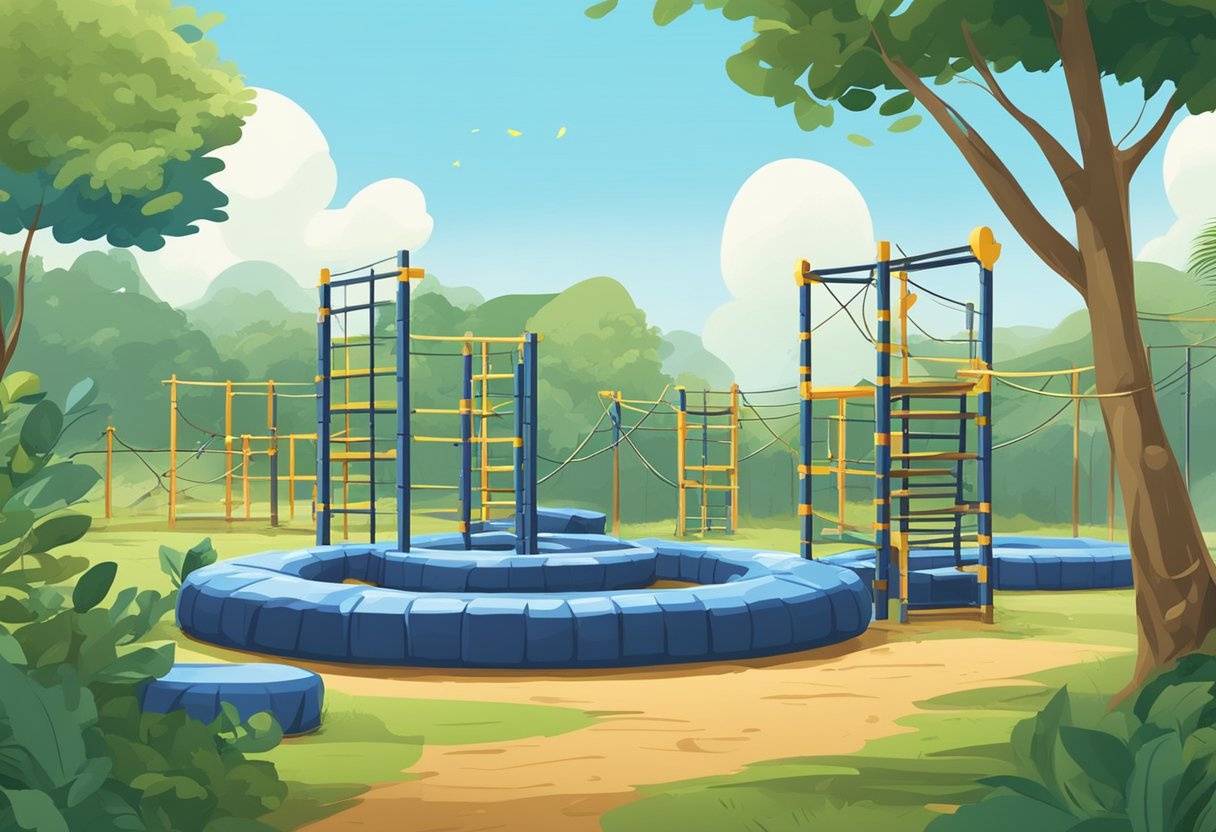 A rugged obstacle course in Singapore, with mud pits, climbing walls, and tire obstacles, set against a backdrop of lush greenery and a clear blue sky