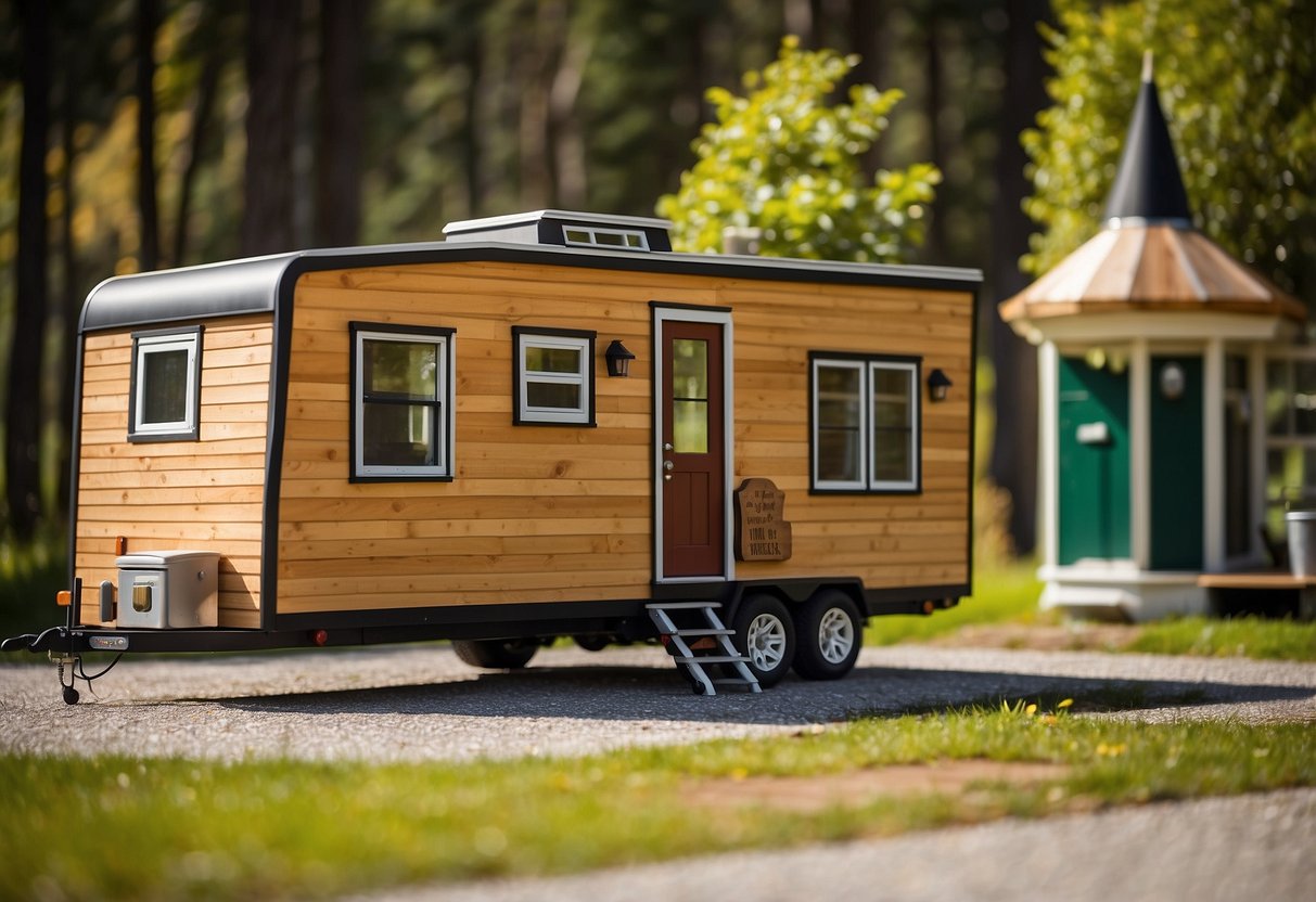 A tiny house on wheels is parked next to a sign that reads "Frequently Asked Questions: Are tiny houses on wheels considered RVs?" The sun is shining, and there are trees in the background