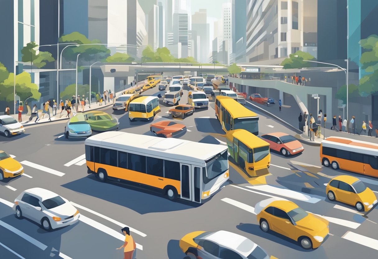 Vehicles moving on busy Singapore roads, with cars and buses navigating through traffic and pedestrians crossing at designated crossings
