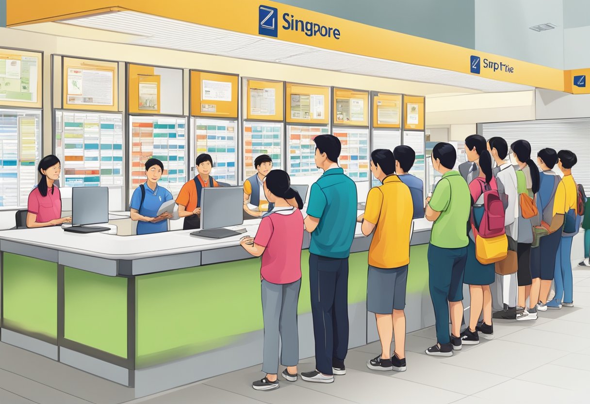 Customers line up at the Singapore post office counter, while staff assist others and answer frequently asked questions