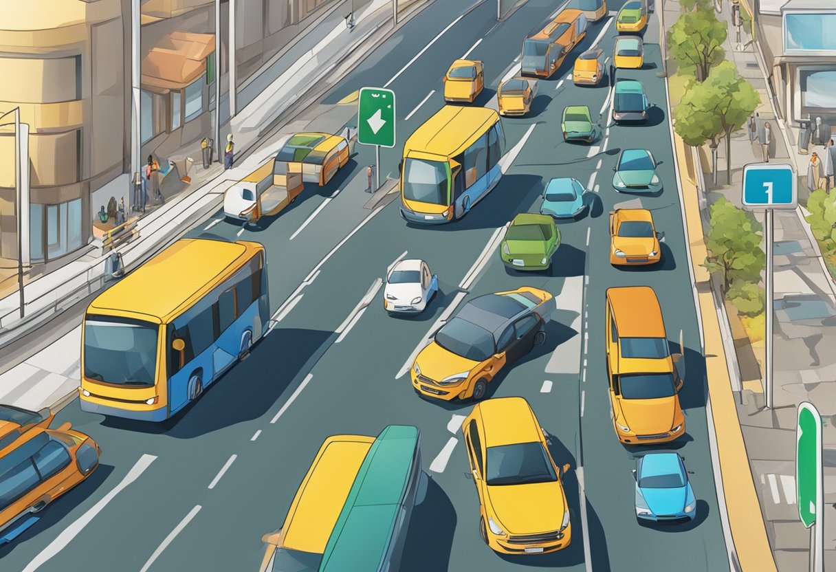 Cars and buses moving slowly in congested lanes, with traffic lights and road signs in the background