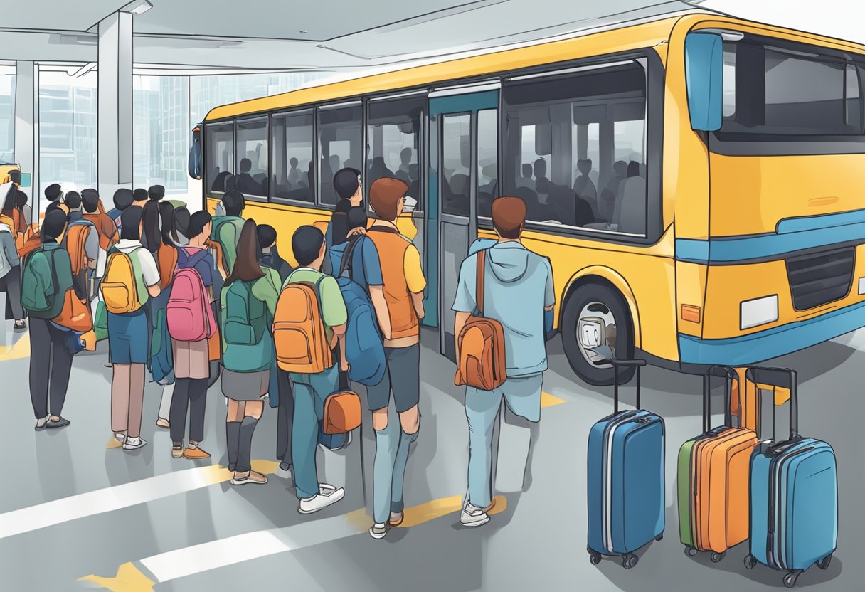Passengers boarding a bus from Singapore to Malaysia, with a queue at the ticket counter and luggage being loaded into the compartment