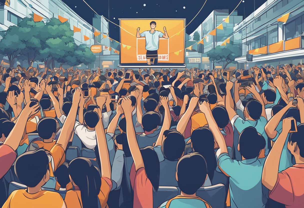 A crowd cheers at a movie premiere in Singapore, with banners and posters promoting the film "Slam Dunk." People eagerly engage with the event, capturing the excitement of the release
