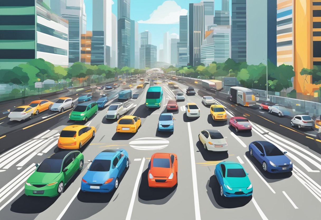 Cars moving on a busy Singapore road, with traffic signs and updates displayed on electronic boards