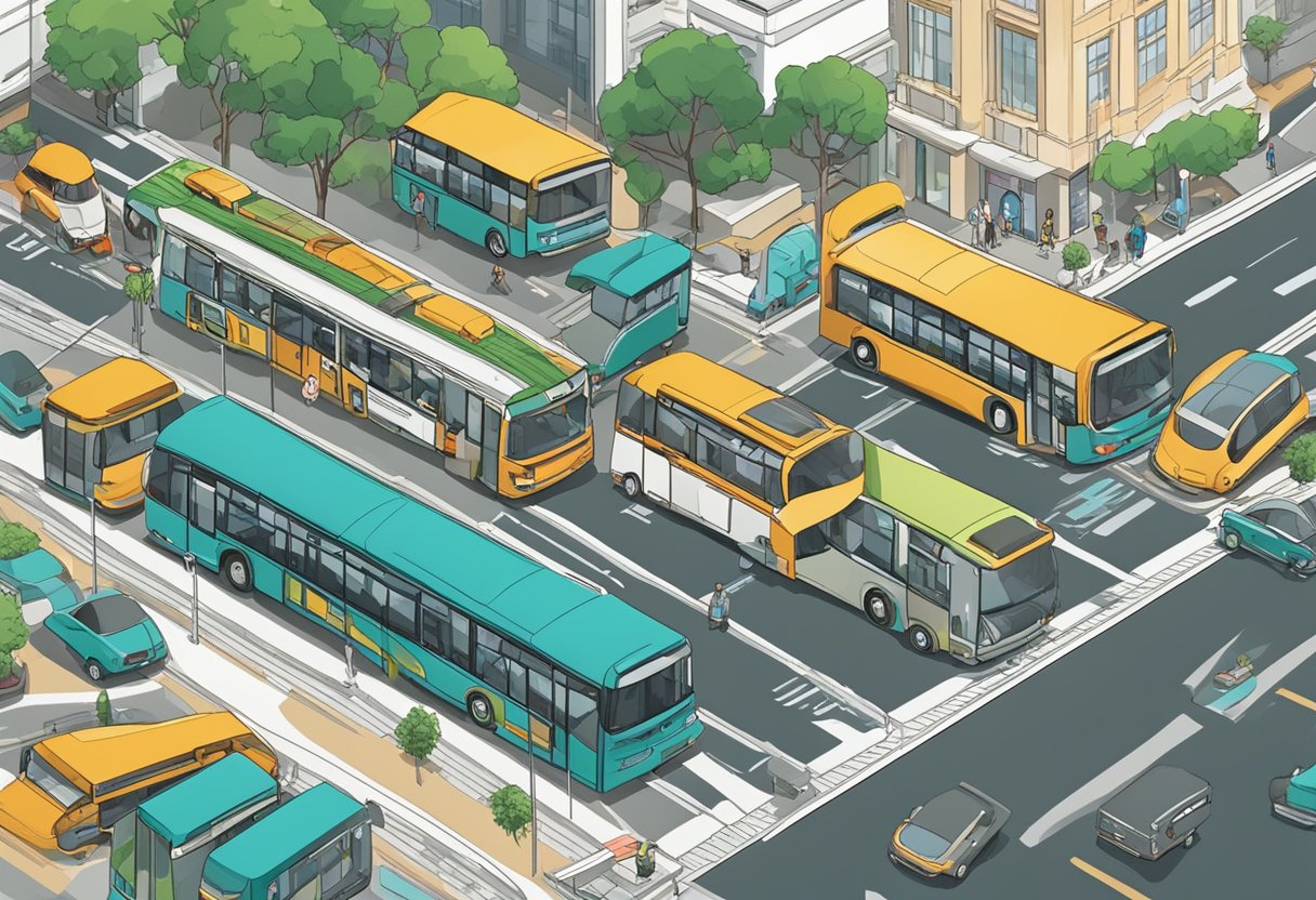 Cars and buses navigate through city streets, with signs indicating "Frequently Asked Questions traffic update Singapore."