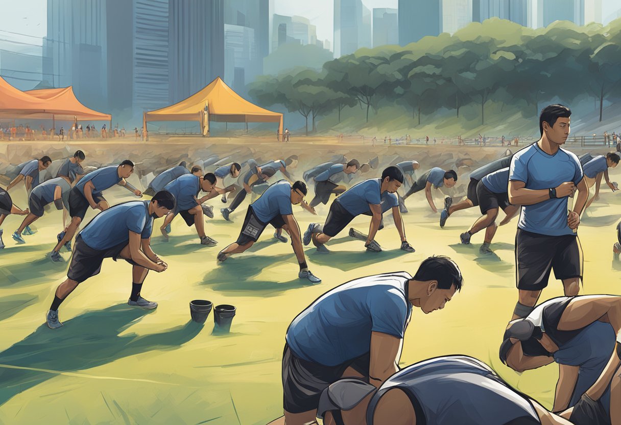 Participants prepare for Spartan Race in Singapore, stretching and warming up in the early morning light. Obstacles loom in the background, creating a sense of challenge and determination