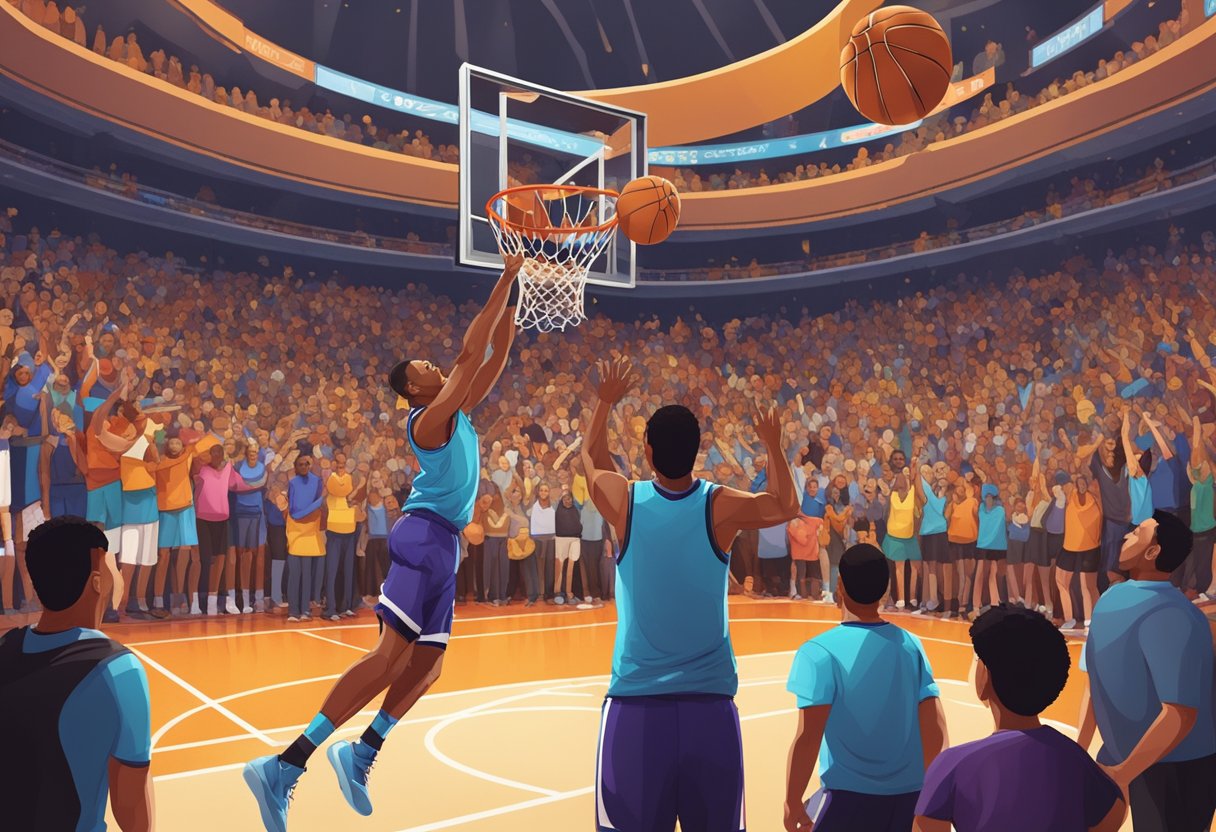A basketball flying through the air towards a hoop with a crowd of excited spectators in the background