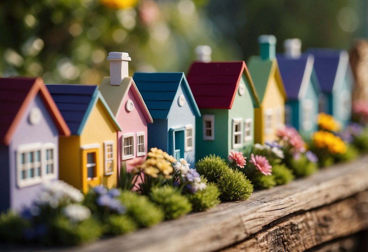 A row of small, colorful houses sits nestled among trees and flowers, their compact size and simple design hinting at affordability