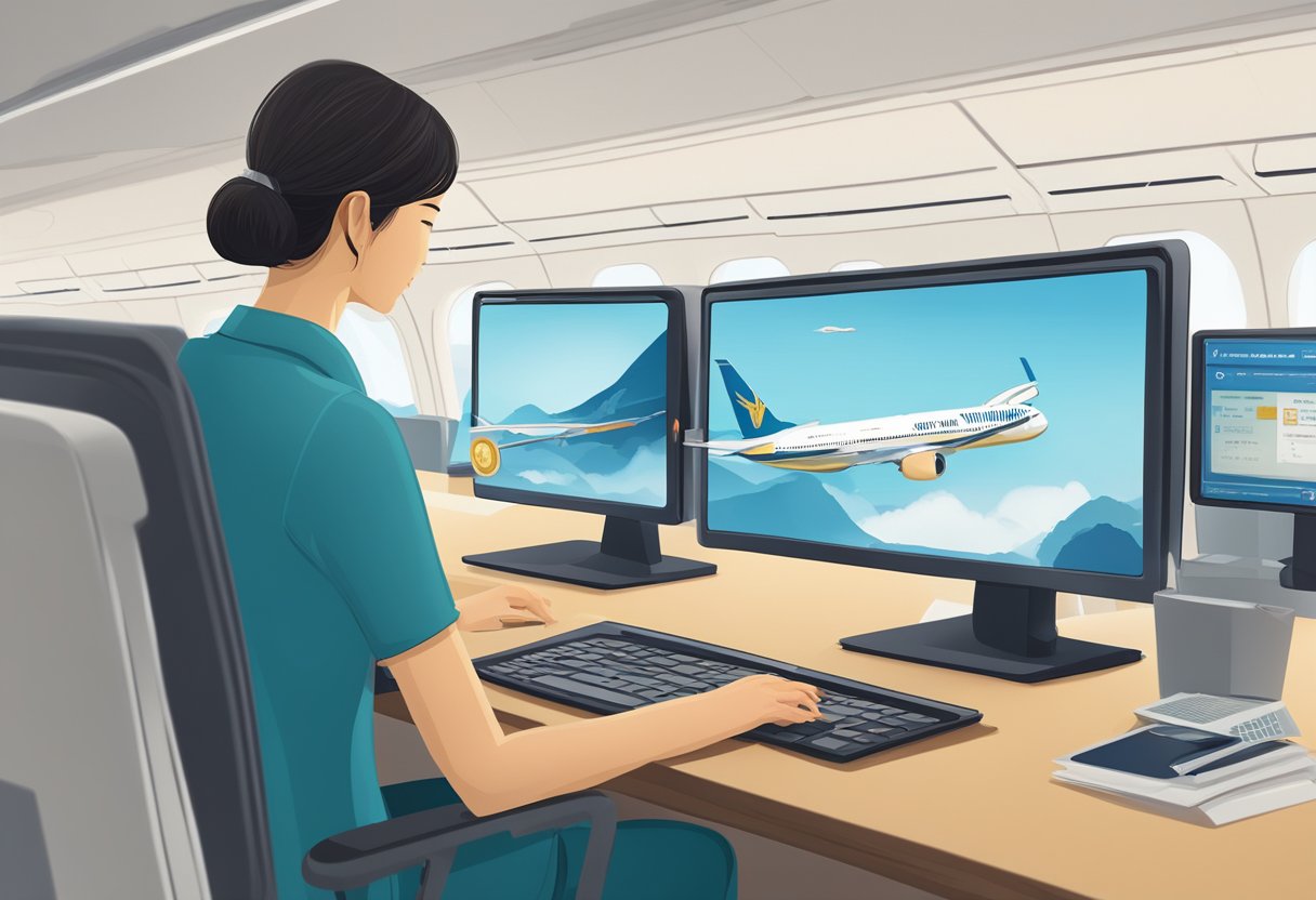 A person booking a flight online with Vietnam Airlines from Singapore, with travel information displayed on a computer screen