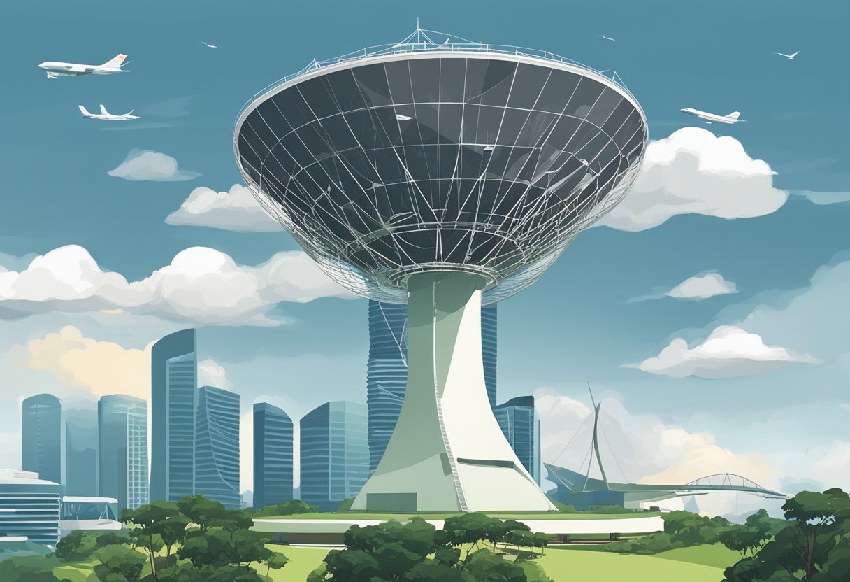 A radar dish spins atop a tall tower in Singapore, scanning the skies for incoming aircraft and monitoring weather patterns