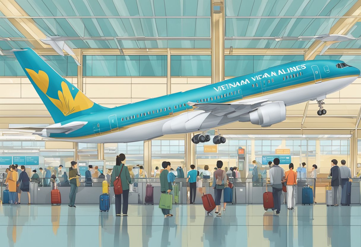 A bustling airport terminal with people lining up at the Vietnam Airlines counter, a prominent FAQ sign, and the Singapore flag displayed