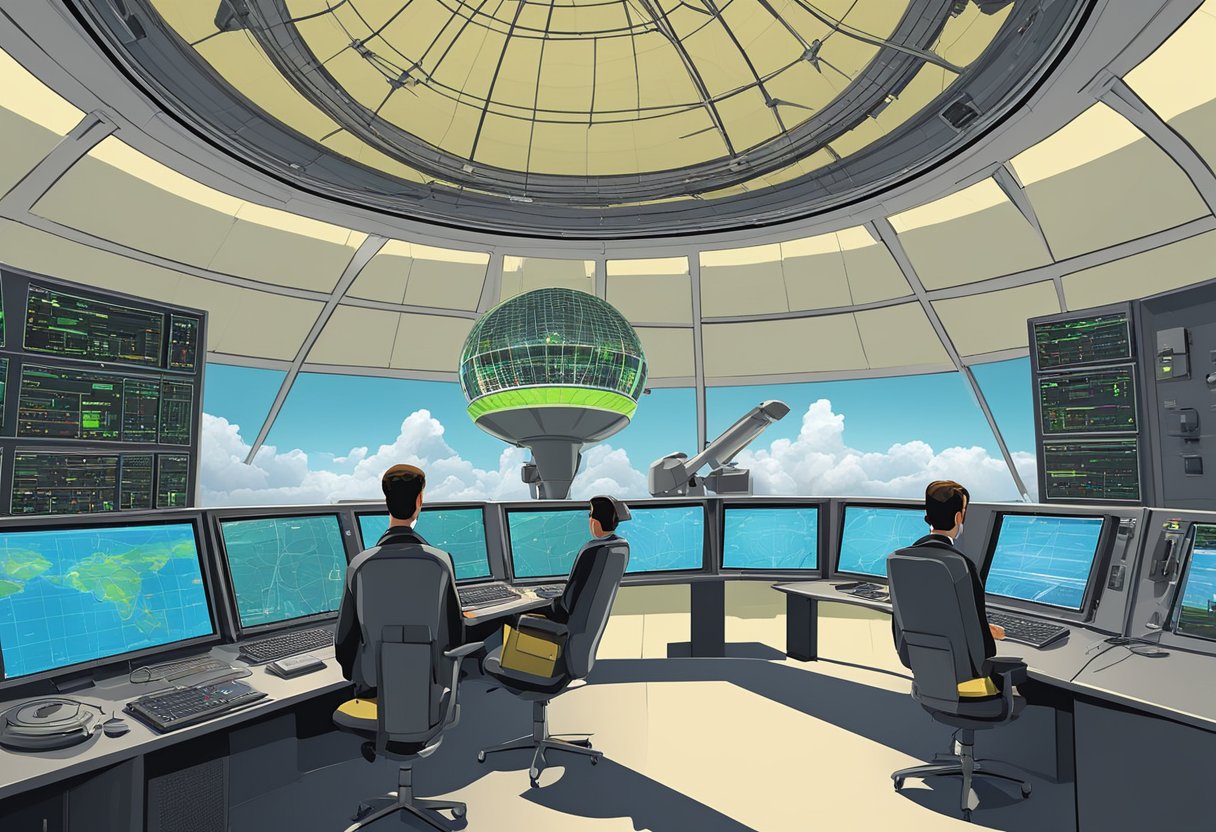 A radar dish rotates on a tall tower, scanning the sky for incoming aircraft. The control room buzzes with activity as technicians monitor the screens and communicate with pilots